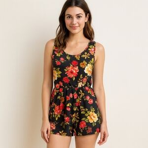 Floral Black Romper Summer Pretty Feminine Pink Green Orange Size Medium